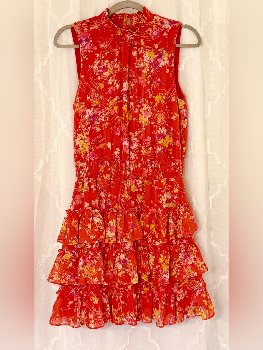 STATE Blood Orange Floral Tiered Ruffle Hem Dress Medium